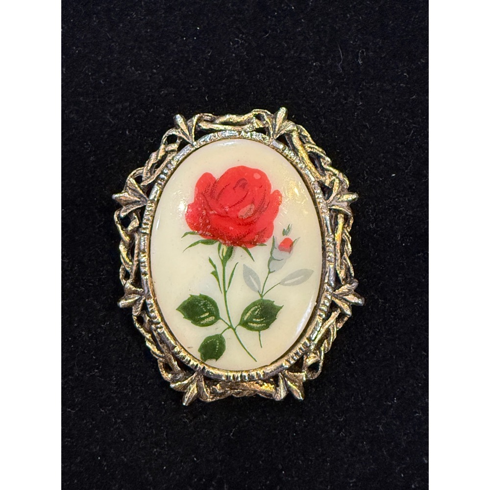 Vintage Red Rose Floral Oval Brooch Gold Tone Filigree Ornate Cameo Style Pin